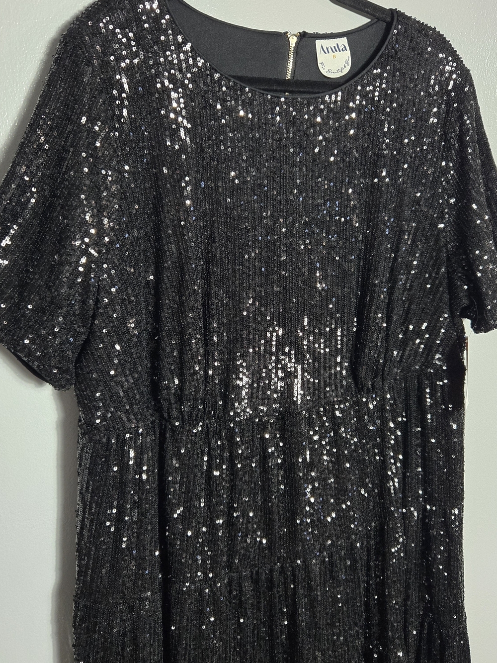 Arula NWT Black Sequin Short Sleeve Shift Mini Dress Holiday Party Size B 2X - Picture 2 of 7